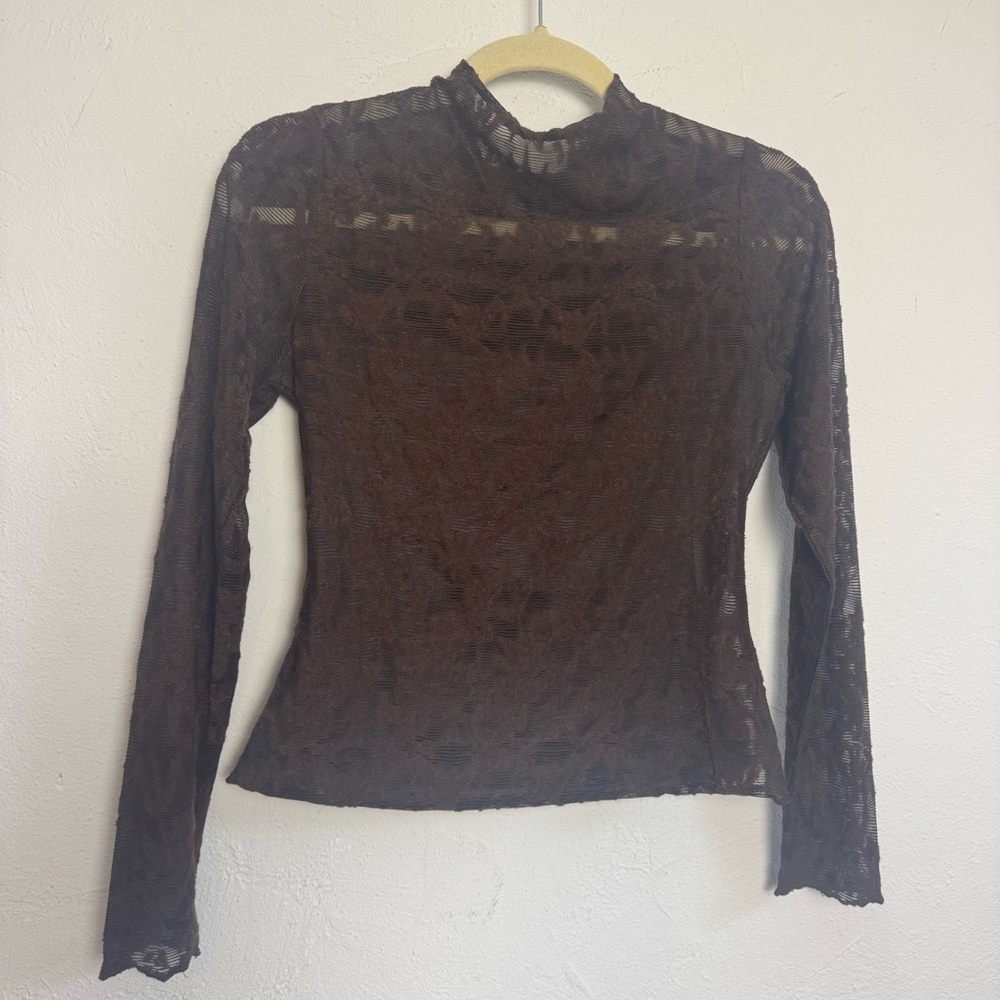 BTBFM Lace Mock Rolled Neck Sheer Long‎ Sleeve Blouse Top - Picture 5 of 5